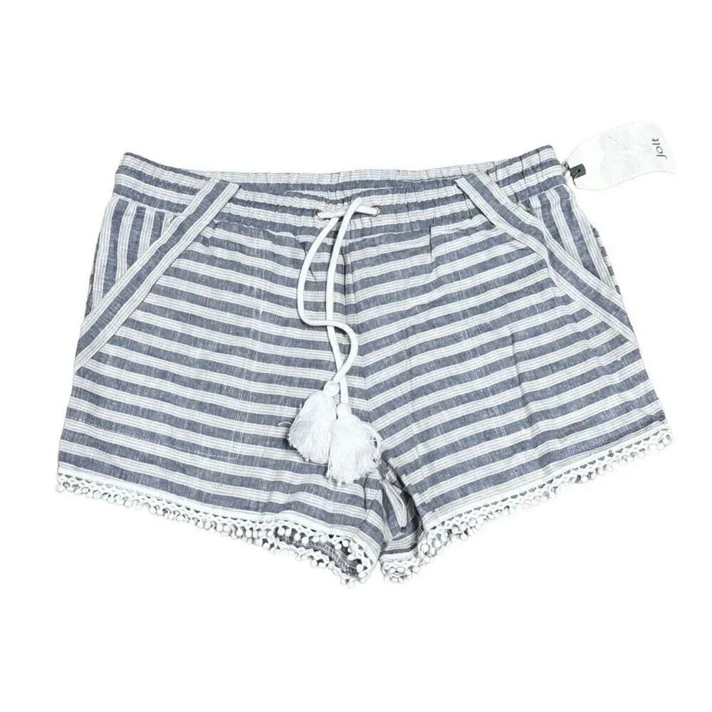 Jolt Blue Stripe Linen Blend Drawstring Shorts Size Medium NEW